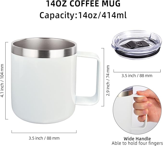 Volhoply 14oz sublimation Insulated Stainless Steel Coffee Mug with Lid Bulk 4 Pack,Double Wall Vacuum Travel Coffee Cup with Handle,Reusable Metal Cups Tumbler,Camping Mugs Keep Hot(Sublimation,4) - Image 4