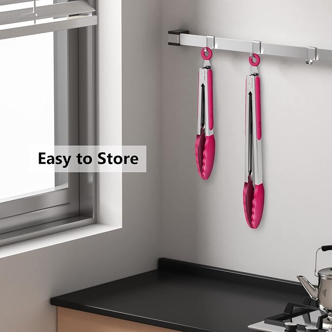 2 Pack Silicone Kitchen Tongs – 9" & 12" Set, Heat Resistant up to 500°F, Non‑Stick Cookware Safe, Wavy Silicone Tips, BPA Free, Locking Clip & Hanging Loop, Wine Red - Image 6