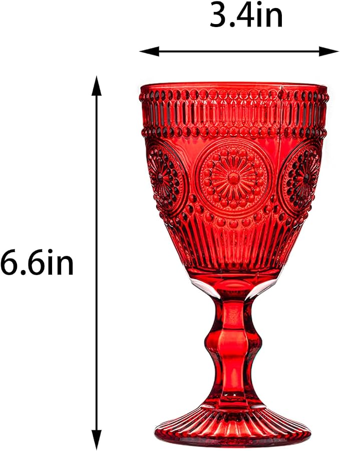 12 Pcs Red Vintage Wine Glasses Set, 10 Ounces Colored Glass Water Goblets, Unique Floral Embossed Pattern High Clear Stemmed Glassware Wedding Party Bar Drinking Cups Fancy Glasses Hand Wash Only - Image 6