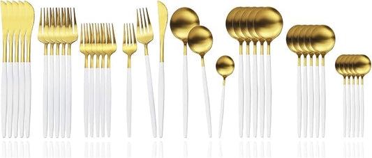 JASHII Silverware Set 36 Piece Food Grade Stainless Steel Flatware Set Fork Spoon Knife Utensils for Daily Use and Party, Service for 6 Anti Rust, Safe in Dishwasher (Matte White handle gold) by JASHII