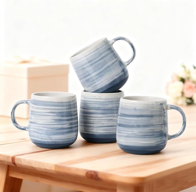 Coffee Mugs, Set of 4 Ceramic Mugs with Blue and White Gradient Stripes, 12oz Modern Cups with Comfortable Handle - Dishwasher & Microwave Safe, Design for Home, Office, Daily Use - Image 8