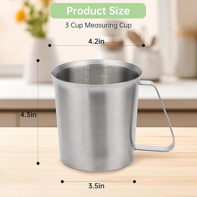 Stainless Steel Measuring Cup 3 Cup Capacity, Unbreakable Metal Measuring Cup with Handle, 2 Marking Including ML/Ounce Scale, Ideal for Liquid Measuring Cups, Kitchen Tools for Baking and Cooking