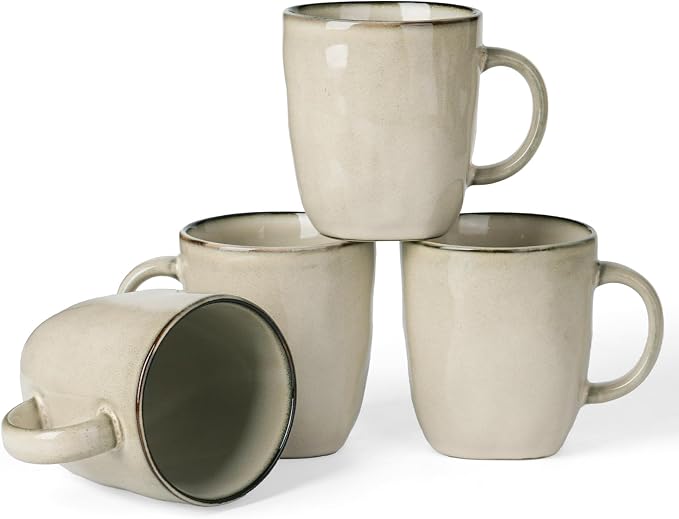 famiware Coffee Mugs Set of 4, Ocean Square 13oz Coffee Cup Set with Handle for Cocoa, Milk, Hot Chocolate, Tea, Water, Stoneware Cups for Kitchen, Microwave and Dishwasher Safe, Light khaki by Famiware