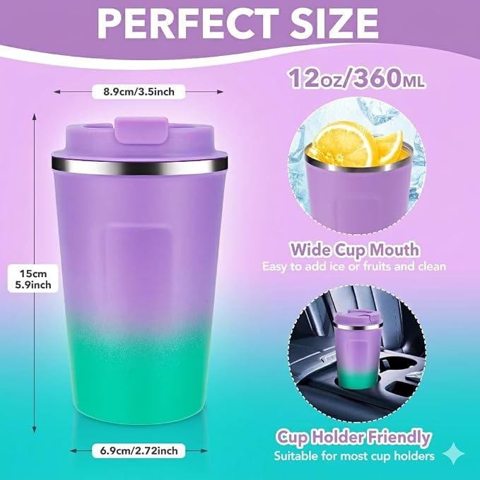 Volhoply 12 oz Double Wall Insulated Vacuum Travel Coffee Mug with Flip Lid Bulk 2 Pack,Reusable Stainless Steel Leak Proof Coffee Cup,Cafe Thermal Tumbler for Cold & Hot Drinks(Purple Green,2 Set) - Image 2