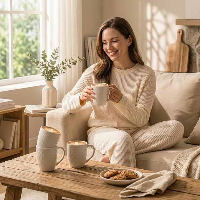 14 oz Ceramic Coffee Mugs Set of 4, White Stoneware Cups with Handle | Porcelain Mugs, Microwave & Dishwasher Safe, Coffee Mug for Tea, Coffee, Latte, Premium Kitchen & Housewarming Gift Set - Image 2