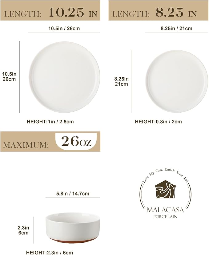 MALACASA Plates and Bowls Sets, 24 Pieces Modern Ceramic Dinnerware Set for 8 Kitchen Stoneware Dishes Dishware Set Microwave and Dishwasher Safe, White, Series TARA - Image 2