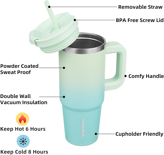BJPKPK 30 oz Insulated Tumbler with Handle & Straw, Stainless Steel | Double Wall Vacuum Insulation, Leak Proof, BPA Free, Dishwasher Safe, Cupholder Friendly, Travel & Outdoor, Mint - Image 2