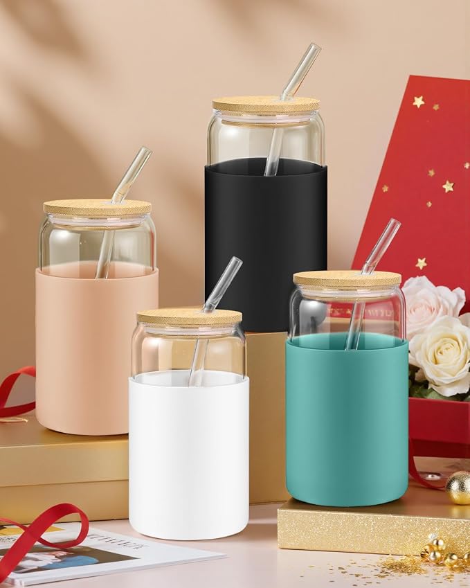 sungwoo Glass Cups with Lids and Straws, 4 Pack 16OZ Iced Coffee Cups with Silicone Sleeve, Glass Tumbler with Straw and Bamboo Lid, Home Essential Drinking Set for Juice, Cocktail and Latte 4 Colors - Image 8