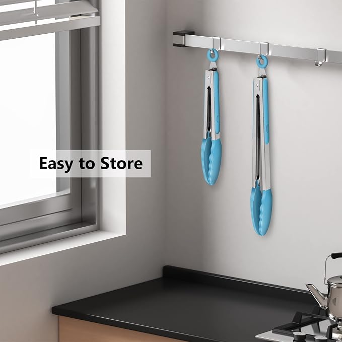 2 Pack Silicone Kitchen Tongs – 9" & 12" Set, Heat Resistant up to 500°F, Non‑Stick Cookware Safe, Wavy Silicone Tips, BPA Free, Locking Clip & Hanging Loop, Blue - Image 6
