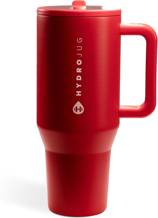 HydroJug Traveler - 40 oz Water Bottle with Handle & Flip Straw - Fits in Cup Holder, Leak Resistant Tumbler-Reusable Insulated Stainless Steel & Rubber Base - Gifts for Women & Men, Alumni Red