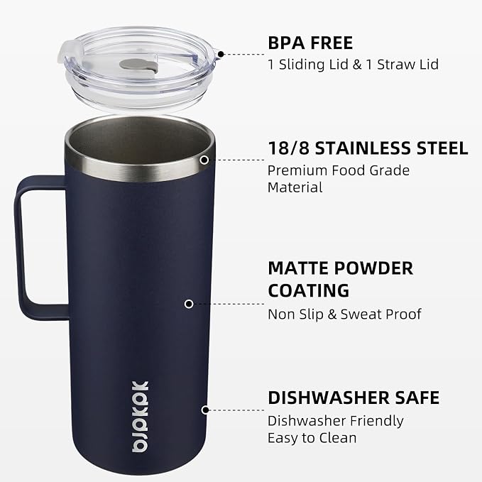 BJPKPK 32oz Insulated Coffee Mug with Handle, Stainless Steel Travel Mug | Keeps Drinks Hot & Cold, Double Wall Vacuum, 2 Lids Included, BPA-Free Coffee Tumbler for Home, Office & Travel - Image 2