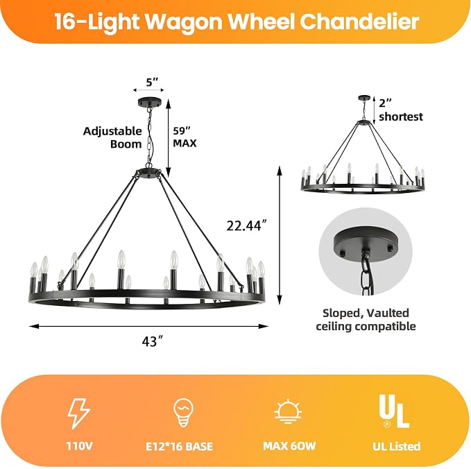 16-Light Black Wagon Wheel Chandelier Farmhouse, 43" Extra Large Chandeliers for High Ceilings, Round Matte Black Chandelier for Dinning Room, Kitchen Island, Entryway, Foyer, Living Room, Entrance - Image 3