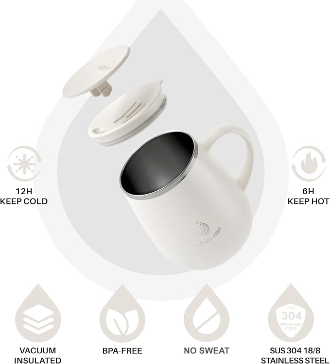 Ideus 16 oz Insulated Coffee Mug with Handle and Lid, Double Wall Stainless Steel Vacuum Thermal Coffee Mug, Travel Coffee Cup Thermal Cup for Home and Office, White - Image 2