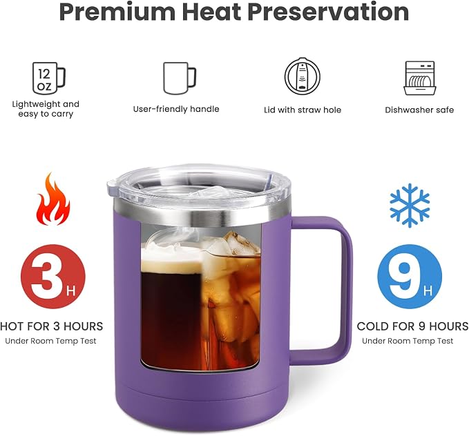 MEWAY 12oz Coffee Mug With Handle 2 Pack Bulk,Stainless Steel Insulated Travel Tumblers With Sliding Lid,Double Wall Vacuum Camping Cup for Hot & Cold Drinks Tea (Purple,Set of 2) - Image 3