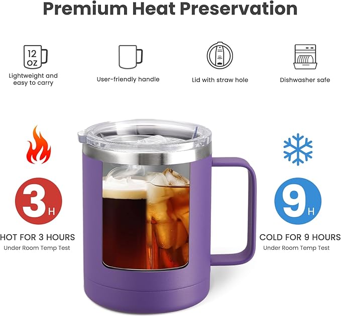 MEWAY 12oz Coffee Mug With Handle and Sliding Lid,Stainless Steel Travel Tumbler Cup with Handle,Double Wall Vacuum Insulated Camping Cup for Hot & Cold Drinks Tea (Purple,Set of 1) - Image 3