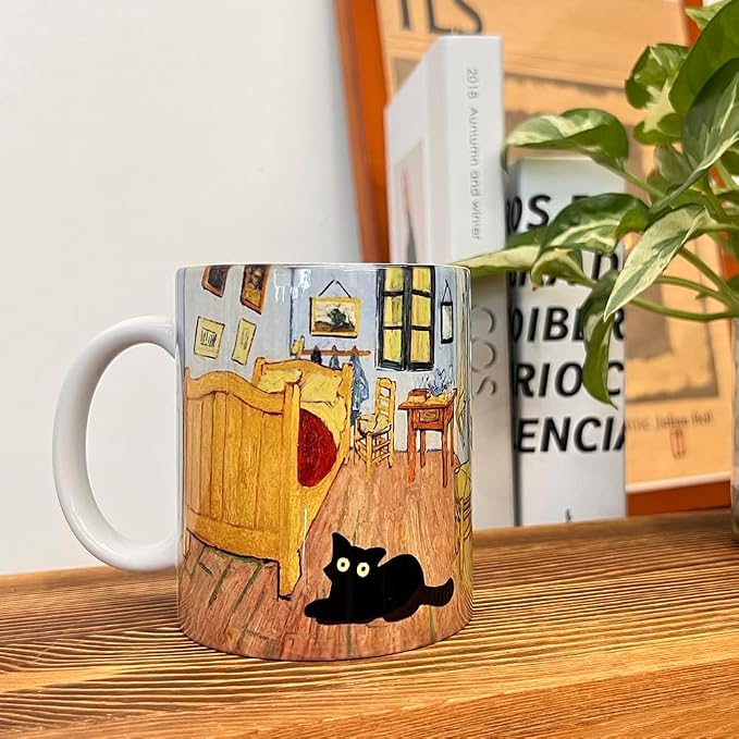 Famous Art Paintings Funny Cat Coffee Mug for Artist Art Lover Teacher Cat Lovers, Famous Picture Classic Vincent Aesthetic Canvas Mug Birthday Gift for Women Man (Bedroom in Arles) - Image 2
