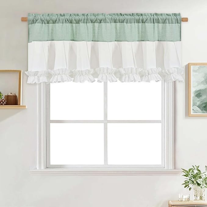 Likiyol Linen Valances for Windows Farmhouse Window Valances with Ruffle Rustic Country Light Filtering Kitchen Valance Curtains Rod Pocket Valance for Bathroom Cafe, Teal White, 52" W X 18" L - Image 8
