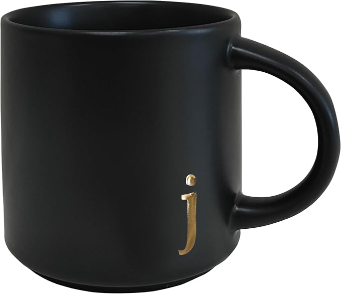 COLLECTIVE HOME Black Ceramic Coffee Mug, 15 oz Golden Monogram Tea Cup (j) | Personalized Halloween Mug with Gift Box, Dishwasher Safe, Birthday Present, Christmas Thanksgiving Mothers Day Gifts by COLLECTIVEHOME