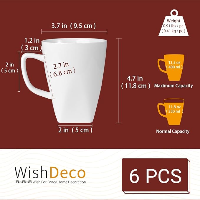 WishDeco White Coffee Mugs Set of 6, Ceramic Coffee Cups 14 oz, Modern Tea Mugs, Porcelain Tea Cups, Large Mug for Latte, Cappuccino, Milk, Juice, Cocoa, Square Bottom, Microwave and Dishwasher Safe - Image 3