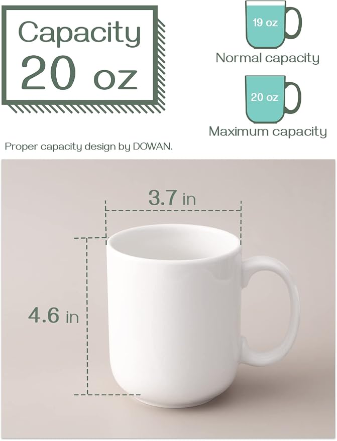 DOWAN Large Coffee Mug, 20 oz Ceramic White Coffee Mugs Set of 6 | 20oz large white ceramic mug set of 6, comfortable handle, lead-free porcelain & easy to clean, microwave & dishwasher safe - Image 2