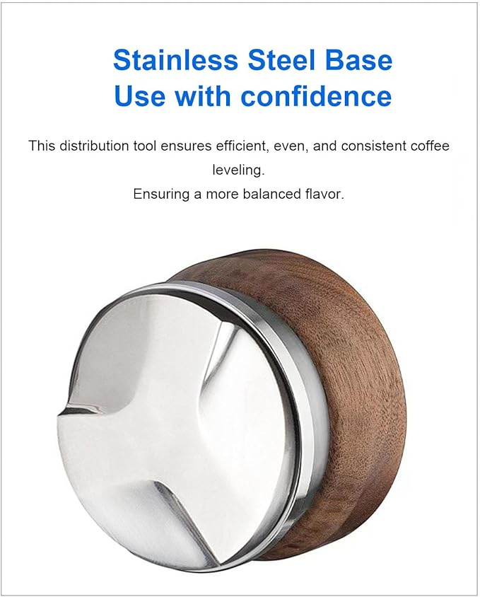 HEEPDD 53mm Coffee Distributor Tamper Adjustable Coffee Leveler Coffee Leveling Tool with Stainless Steel Base Walnut Wood Handle for Single Head Coffee Machine