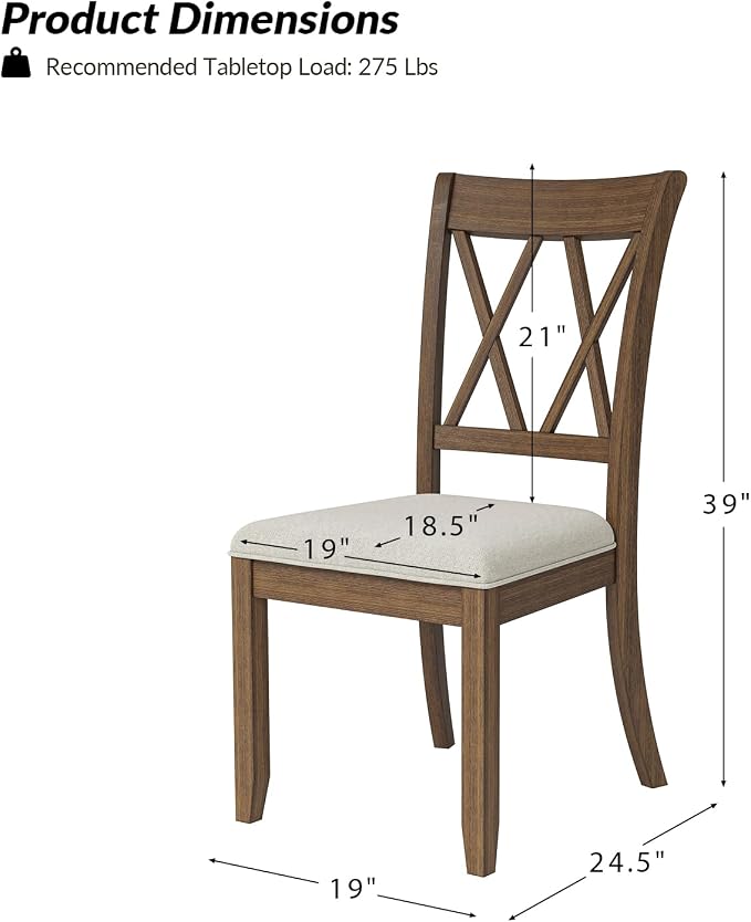 HULALA HOME Set of 2 Farmhouse Dining Chairs with Upholstered Cushion, Solid Wood Cross Kitchen Dining Room Chairs(Walnut) - Image 2