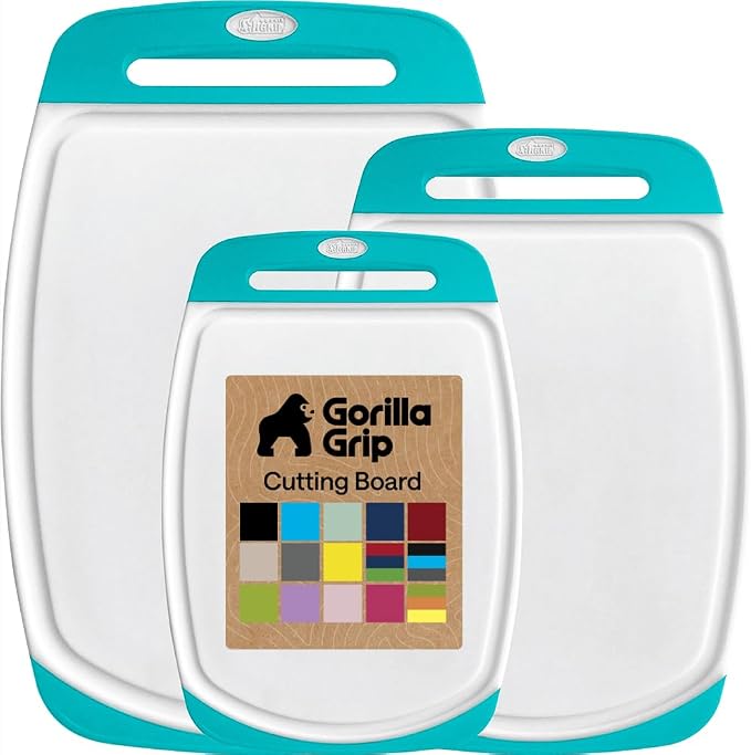 GORILLA GRIP BPA-Free Reversible Kitchen Cutting Board Set of 3, US Designed, Nonporous, Juice Grooves Catch Liquid, Slip Resistant Border, Dishwasher Safe Durable Large Food Chopping Boards Turquoise by Unknown