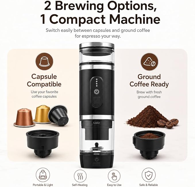welsteepse Portable Coffee Maker for Ground Coffee & Capsules, Self-Heating Travel Coffee Machine with 20 Bar Pressure and Milk Frother for Car, Office, Hotel, Camping and Business Trips - Image 8