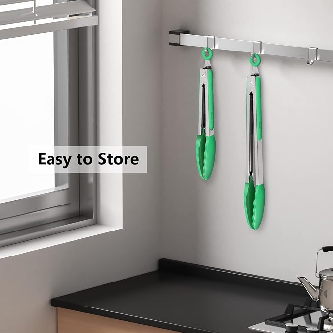 2 Pack Silicone Kitchen Tongs – 9" & 12" Set, Heat Resistant up to 500°F, Non‑Stick Cookware Safe, Wavy Silicone Tips, BPA Free, Locking Clip & Hanging Loop, Turquoise - Image 6