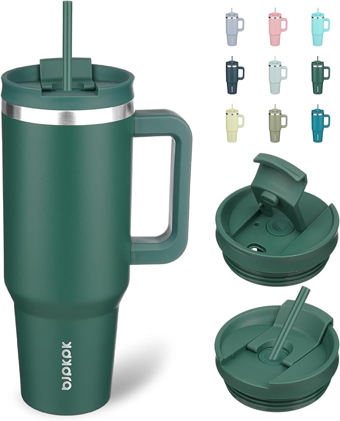 BJPKPK 40 oz Insulated Tumbler with Handle & Straw, Stainless Steel | Double Wall Vacuum Insulation, Leak Proof, BPA Free, Dishwasher Safe, Cupholder Friendly, Travel & Outdoor, Army Green by BJPKPK