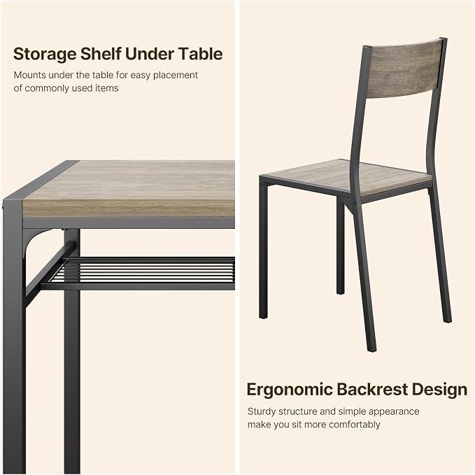 Gizoon 3-Piece Dining Table Set for 2, Small Kitchen Table & Chairs Grey | Compact grey 2-person dining set perfect for apartments. Features under-table storage rack and 2 chairs that tuck away. - Image 5