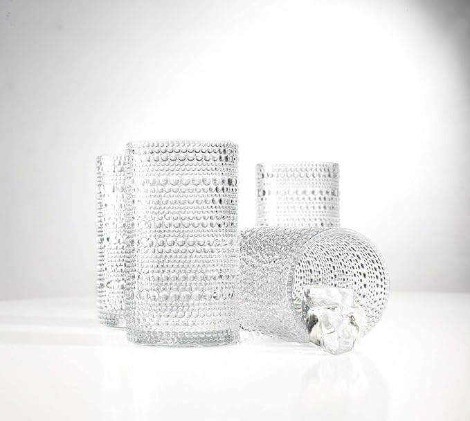 Set of 16 Hobnail Drinking Glasses 15.2 oz/450 ml Clear Highball Glasses, Drinking Set of 16 Vintage Embossed Glassware, Sturdy Heavy Duty Water Juice Cocktails, Iced Coffee Tumblers - Image 4