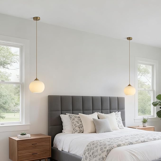 KCO Lighting Modern Brass Gold Globe 7.9” Ribbed Milk Glass Pendant Light | Small E26 Adjustable Cord Hanging Lamp, Mid Century Vintage Ceiling Light Fixture for Kitchen Island Dining Room Bedroom Bar - Image 7