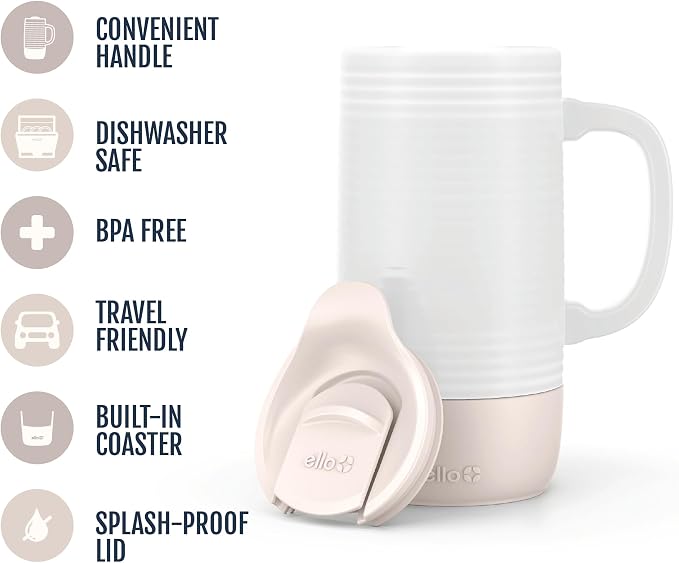 Ello Jane 18oz Ceramic Travel Mug with Handle and Built-In Coaster, Sandbar | Splash-resistant ceramic coffee tumbler with handle and silicone base. BPA-free, great for hot drinks, tea, and gifting. - Image 3