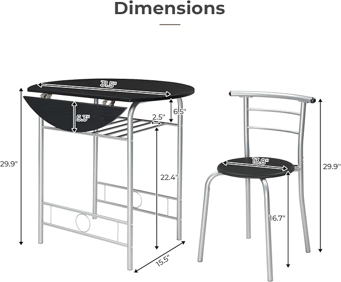 VINGLI 31.5" Drop Leaf Dining Table Set for 2, 3 Pieces Dining Table with Chair for Small Space, Small Kitchen Extendable Folding Dining Table for Dining Room，Home, Apartment, Saving Places, Black - Image 7