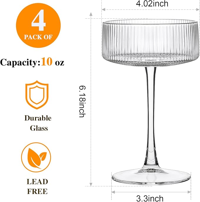 4 Pcs Ribbed Coupe Glasses, 10 oz Vintage Martini Glasses | Elegant Cocktail Glassware Gift Set, Espresso Martini, Wine, Champagne, Home Bar, Parties - Image 2