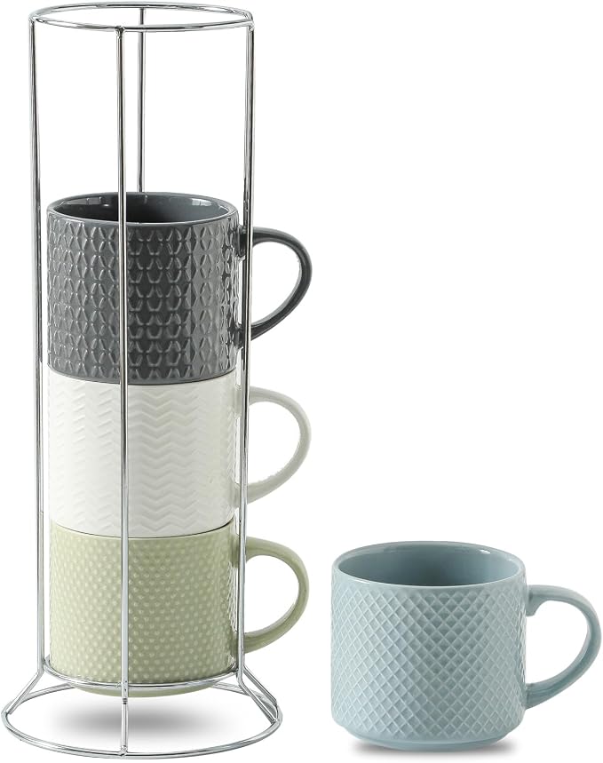 HASENSE Coffee Mugs 12 OZ Ceramic Cups Set of 4, Stackable Embossed Coffee Cups with Rack, Porcelain Coffee Cups for Latte, Cappuccino, Mocha, Cocoa, Americano, Hot Tea and Milk, Multi Color by Hasense