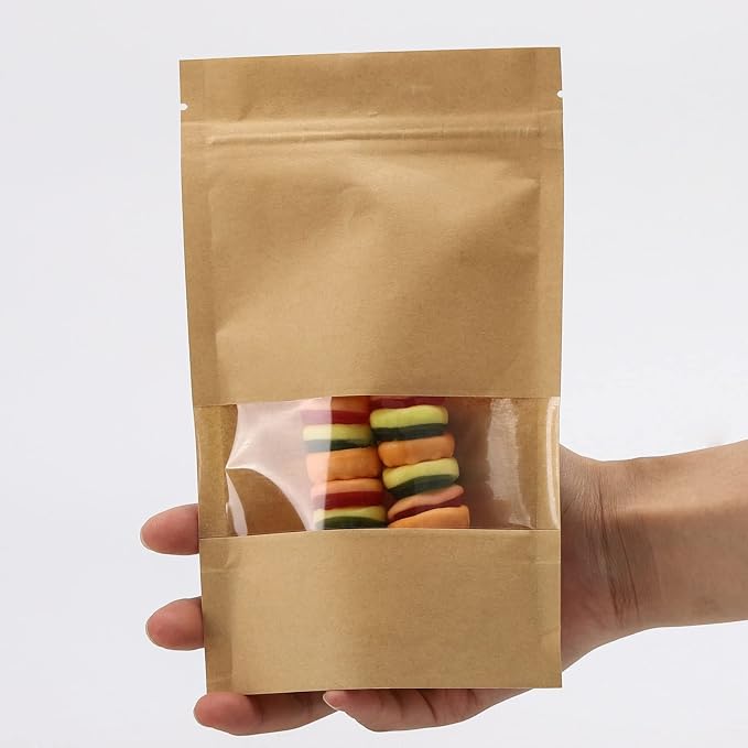 Tecbeauty 100pcs Kraft Paper Stand Up Pouches Zipper Lock Resealable Food Storage Bags with Window for Packing Cookies, Dog Treats (5.9 x 8.7inch) - Image 4