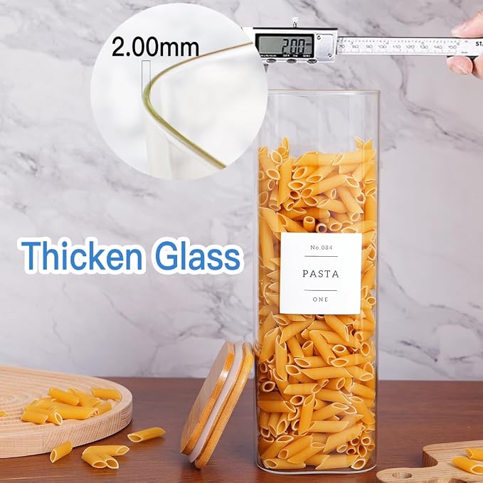 CZZGSM 3 Pack Square Kitchen Storage Jars with Airtight Bamboo Lids and 132 Pantry Labels - 80oz Glass Canisters with Wood Lids - Food Storage Containers for Spaghetti, Pasta, Fettuccine - Image 6