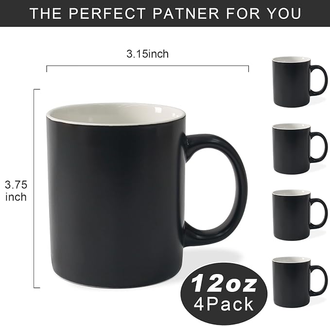 12 oz Cup Plain Gloss Black Ceramic Coffee Mug Set of 4 for Milk, Tea, Glazed Porcelain Cups with handle for Home Office, Dishwasher & Microwave Safe - Image 2