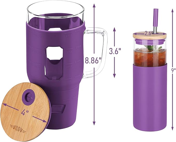 Glass Cups with Lids and Straws - 40 oz Tumbler with Handle - 16 oz Reusable Water with Bamboo Lid, Stainless Steel Straw, Silicone Sleeve for Coffee, Smoothi, Hot, Cold Drinks (2 Count)