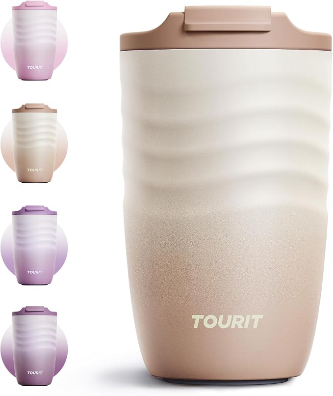 TOURIT 12 oz Travel Coffee Mug, Vacuum Insulated Stainless Steel Tumbler with Ripple-Wave Anti-Slip Grip, Built-in Silicone Bottom for Quiet & Stable, Leak-Proof Lid, Fits Car Cup Holder, Light khaki by TOURIT