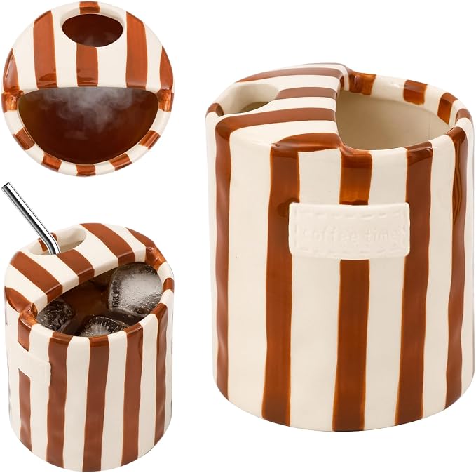 Ceramic Coffee Mug with Sip Hole 10oz Cute Espresso Cup | Unique Hand-Drawn Brown and White Striped Design, Microwave and Dishwasher Safe, for Kitchen Dining, Office, Holiday Gift by Unknown