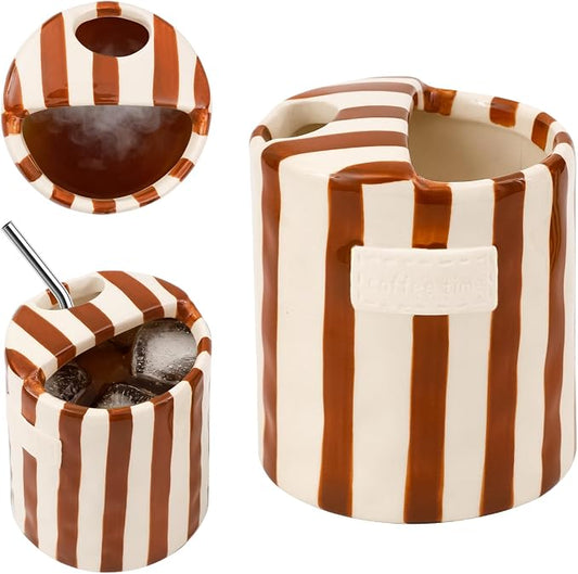 Ceramic Coffee Mug with Sip Hole 10oz Cute Espresso Cup | Unique Hand-Drawn Brown and White Striped Design, Microwave and Dishwasher Safe, for Kitchen Dining, Office, Holiday Gift by Unknown