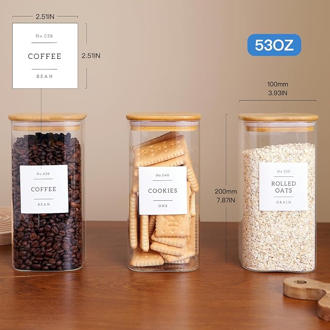 CZZGSM 3 Pack Square Glass Kitchen Storage Jars with Airtight Bamboo Lids and 132 Pantry Labels - 54oz Glass Canisters with Wood Lids - Food Storage for Sugar, Rice, Pasta, Cereal - Image 4