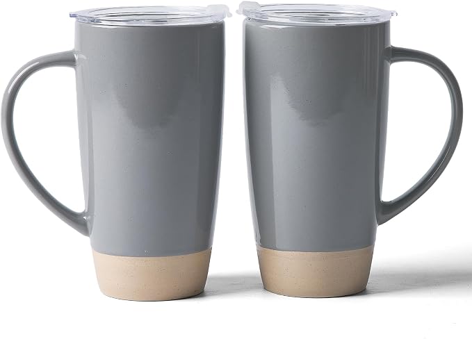 famiware Milkyway Coffee Mugs, 20oz Large Coffee Mug, Ceramic Mug Set of 2 with Lid, Cup Set with Handle for Latte, Tea, Cocoa, Milk, Home & Office, Dark Gray by Famiware