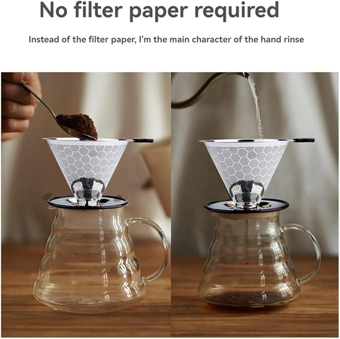 Pour Over Coffee Filter Dripper Reusable Stainless Steel Drip Coffee Maker Cone Coffee Mesh Filters for 1-4 Cup