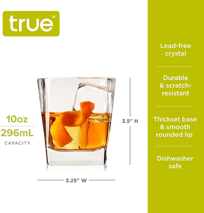 TRUE Square Rocks Glass, Old Fashioned Whiskey Glasses, Superb Drinking Cups for Cocktail Party, Home Bar, Bartender Accessories, Set of 4, 10 oz - Image 3