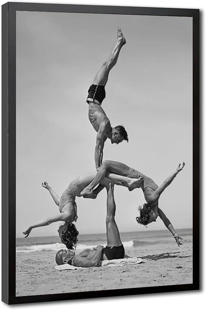 Gymnast Pose, 1930s Beach Fitness Acrobatics Vintage Black And White Photo Poster Canvas Poster Wall Art Decor Print Picture Paintings for Living Room Bedroom Decoration Black Frame 20x30in(50x75cm) by Unknown