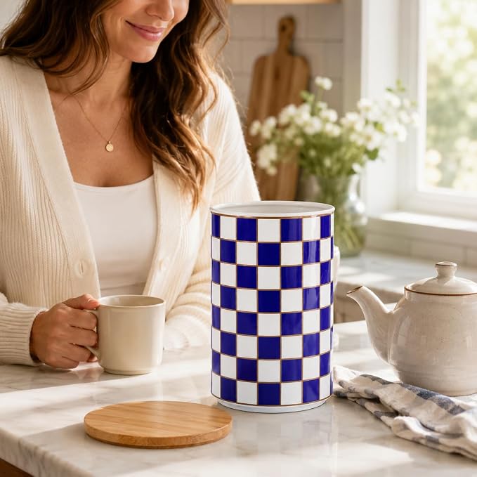 Kitchen Countertop Ceramic Checkered Canisters,Black And White Food Storage Containers With Lid,Airtight Kitchen Canisters for Flour, Sugar, Coffee, Tea, and Dry Goods (Blue, XL) - Image 7